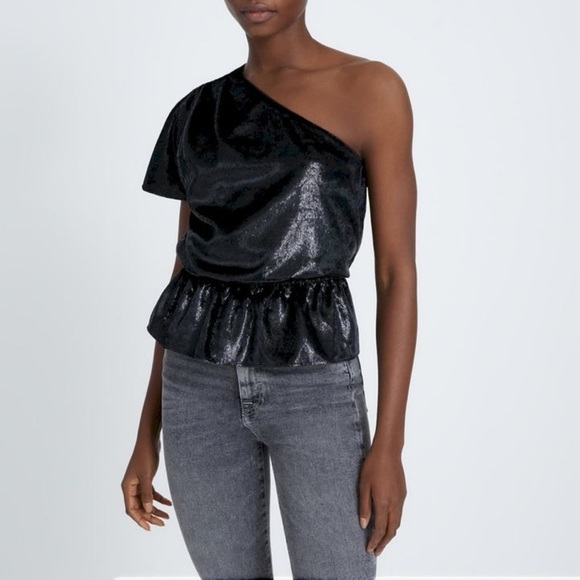 7 For All Mankind ONE SHOULDER RUFFLE BLOUSE IN BLACK SHINE - Size M - Picture 1 of 5